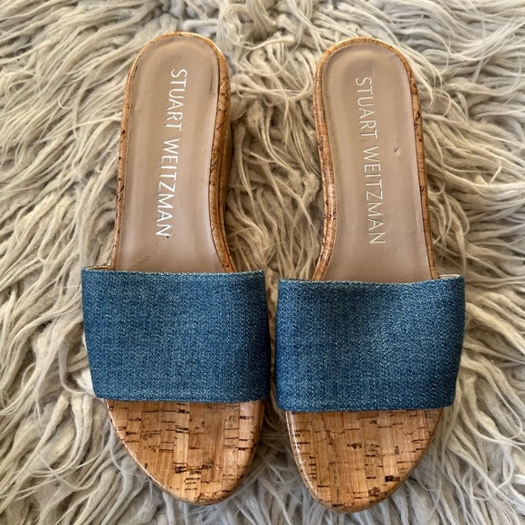 Stuart Weitzman Summer Denim Cork Wedge Blue Platform Slip On Sandals EUC Sz 7.5 - Picture 4 of 10